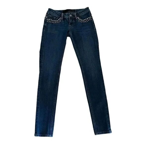 Bebe Medium Dark Blue Studded SZ 25 Women’s Skinny Mid-Rise Jeans #1016 - Picture 1 of 14
